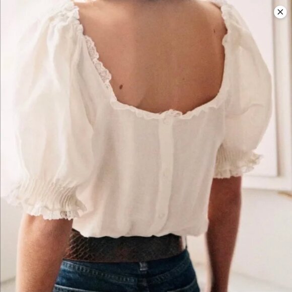 Sezane Frances Blouse, Elegant White Lace Trim Blouse - Picture 3 of 10